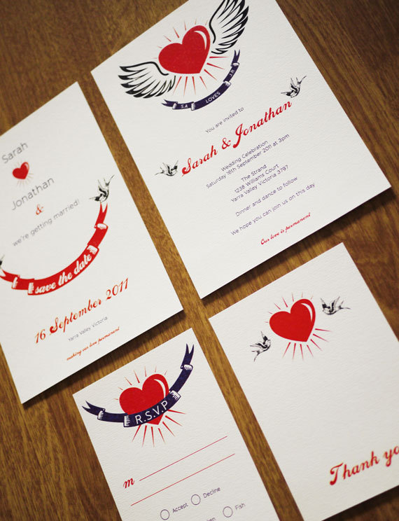 Retro Tattoo Wedding Invitation Set PRINTABLE Set of 4